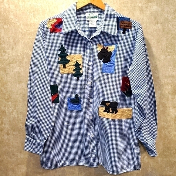 Cabin Core Gingham Applique Art Button-down Shirt - Picture 1 of 7